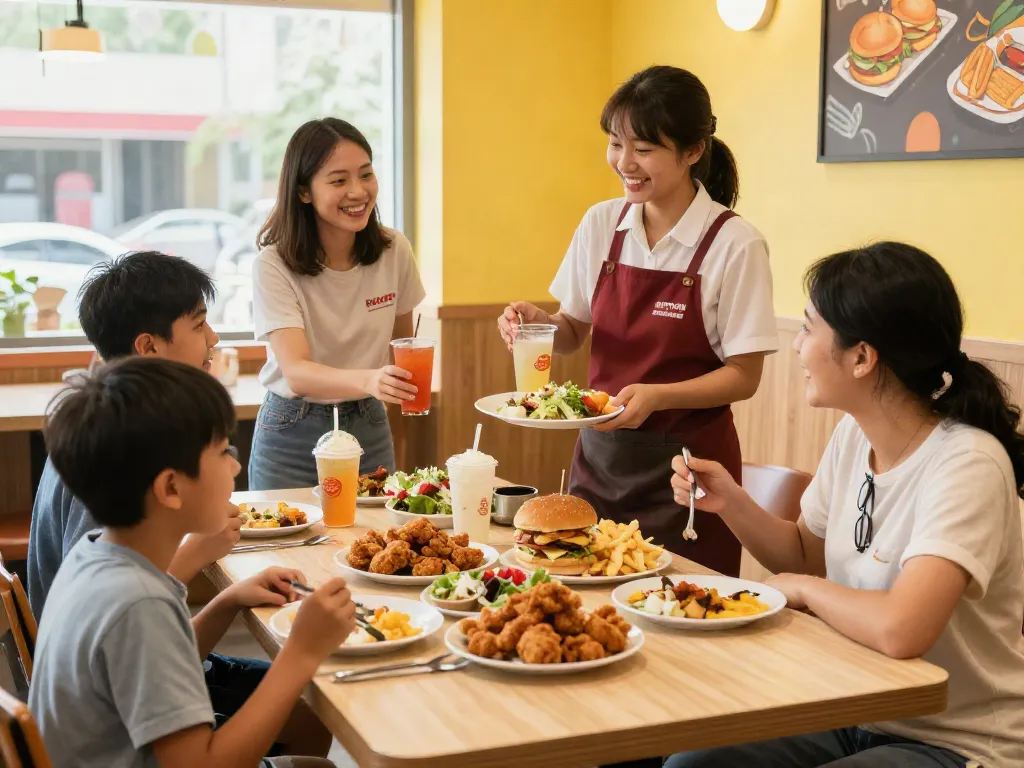 Families enjoying ROKOK88 slot meals together in a vibrant restaurant setting.
