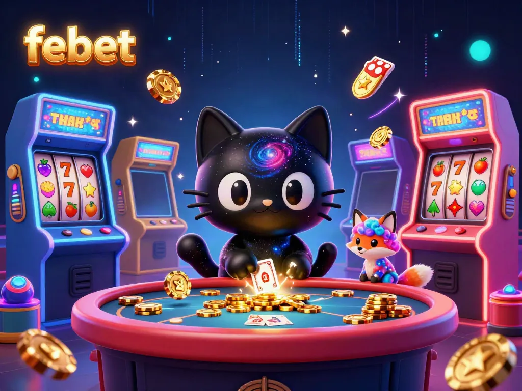 Experience the exciting gambling world with febet as a black hole cat attracts golden chips in a vibrant casino scene.