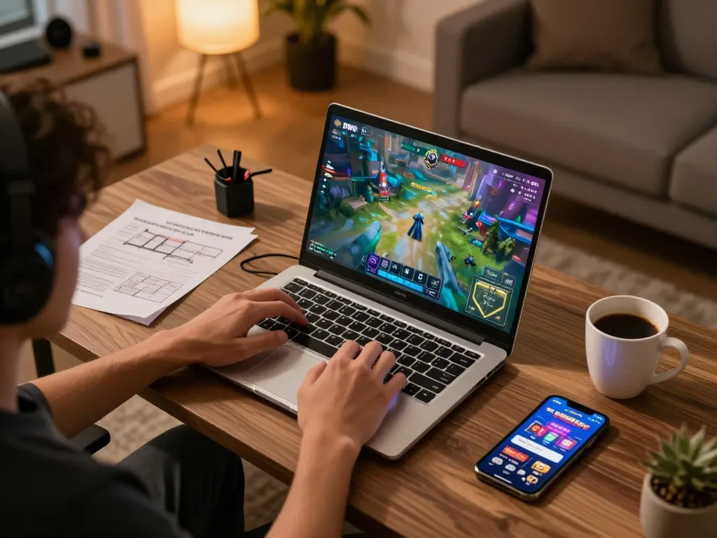 Player immersed in DW8 on laptop, showcasing gaming strategy and engagement.