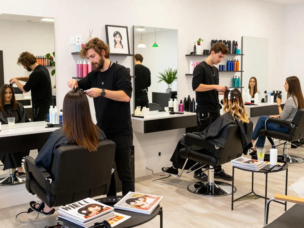 Lebhaftes Friseurstudio mit einem geschickten Stylisten, bester Friseur schneidet Haare, einladende Atmosphäre.