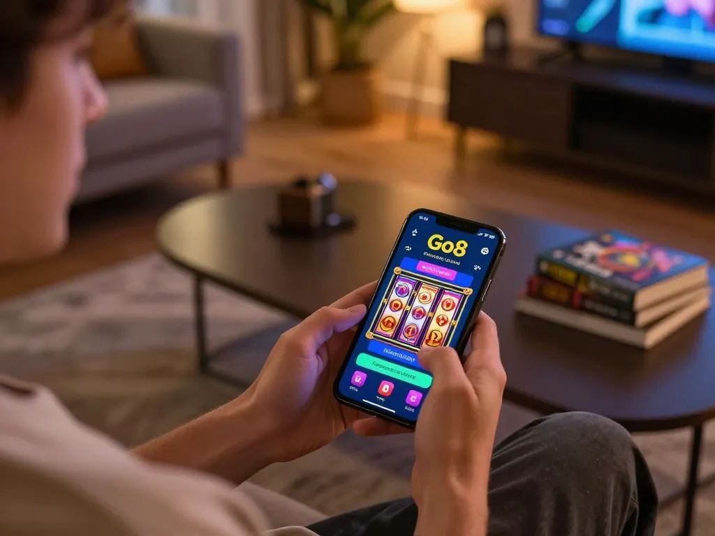 Player engages with Go8 app showcasing exciting slot gameplay in a cozy home setting