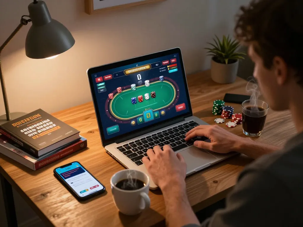 Player engaged in online poker at home with 33winn gaming interface visible, creating a cozy yet strategic atmosphere.