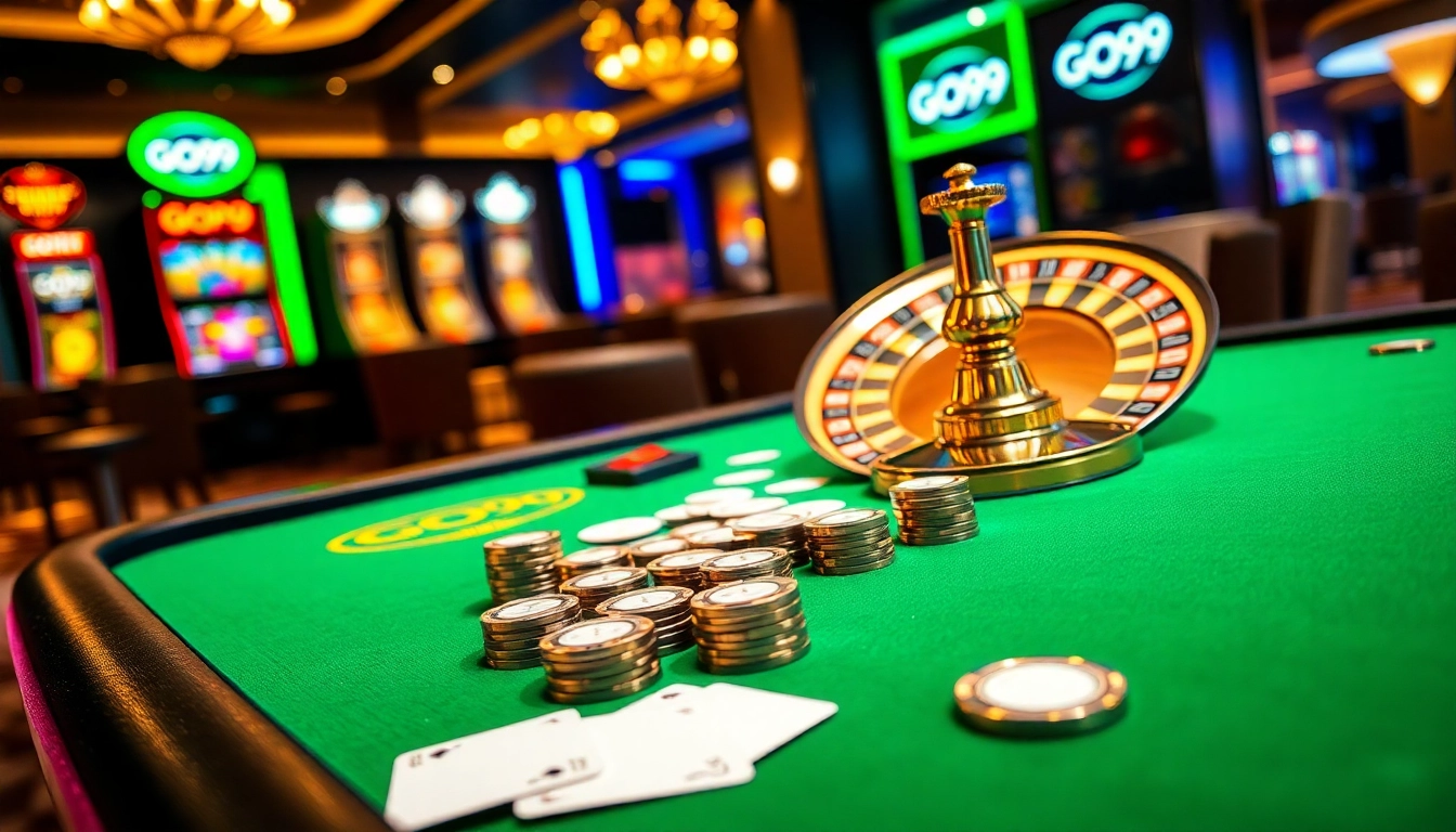 GO99 poker scene with vibrant chips and cards on an elegant table, embodying luxury vibes.
