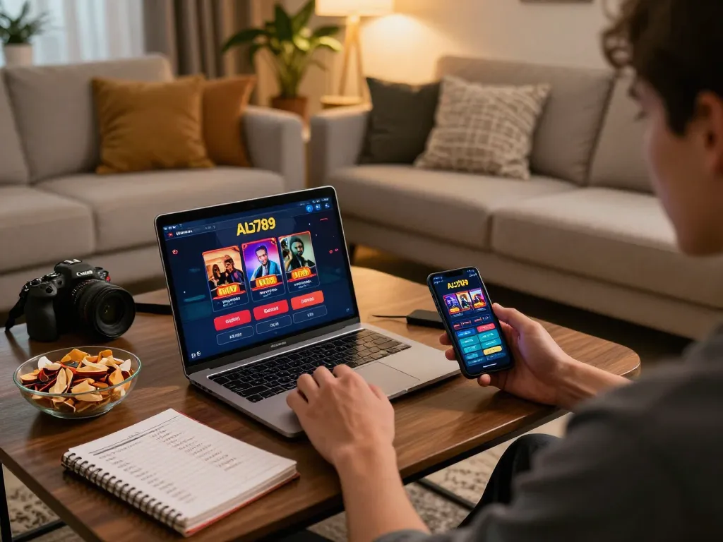 Alo789 user engaging in online gambling from a cozy living setup, showcasing strategy notes and game app.