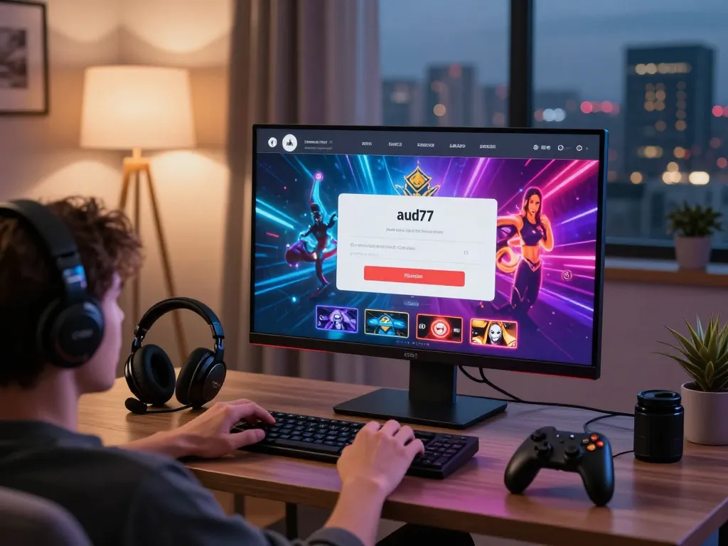 User engaging with the aud77 e-wallet in a modern gambling setup, showcasing vibrant game graphics and cozy environment.