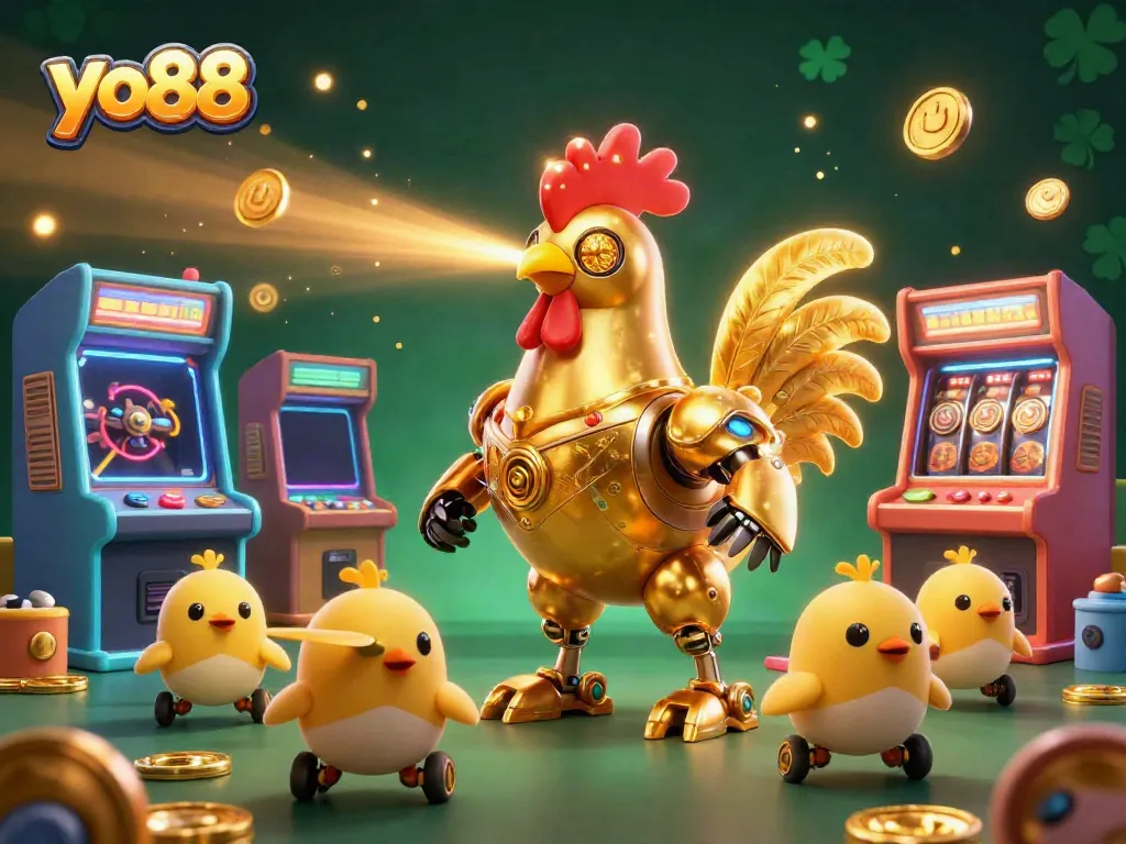 Experience thrilling gameplay with yo88's dynamic casino theme featuring a golden rooster robot and chick drones.
