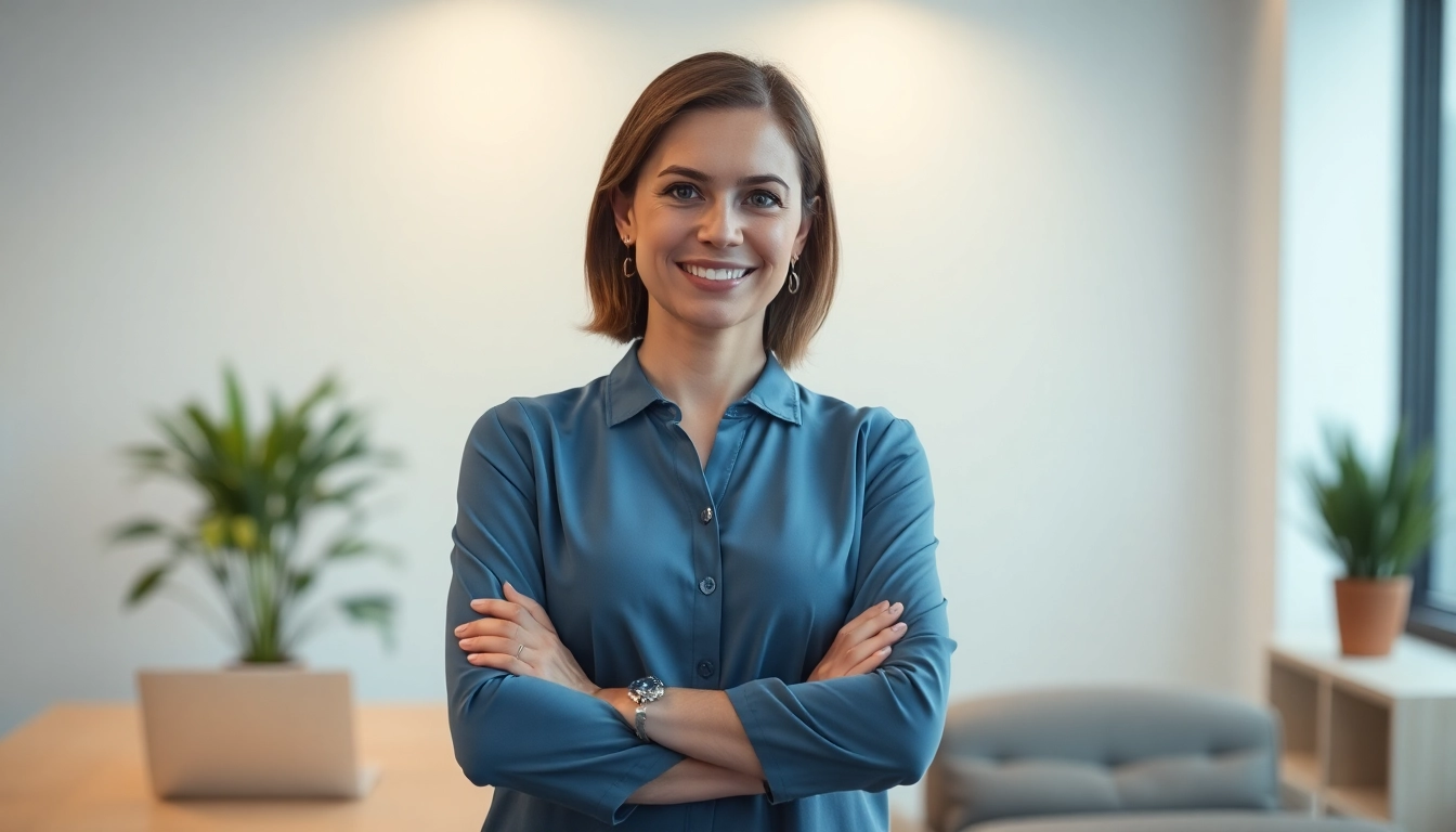 Create an engaging ai professional photo of a woman in a modern office presenting confidence.