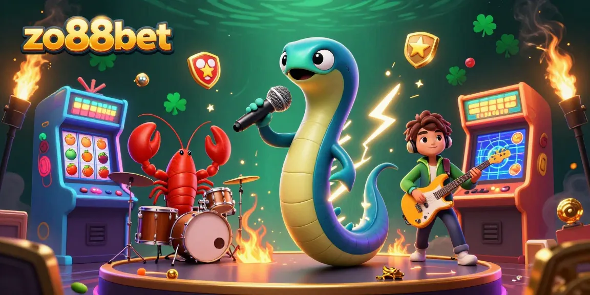 A vibrant underwater casino stage scene with electric eel DJ and band, showcasing the zo88bet gaming experience.