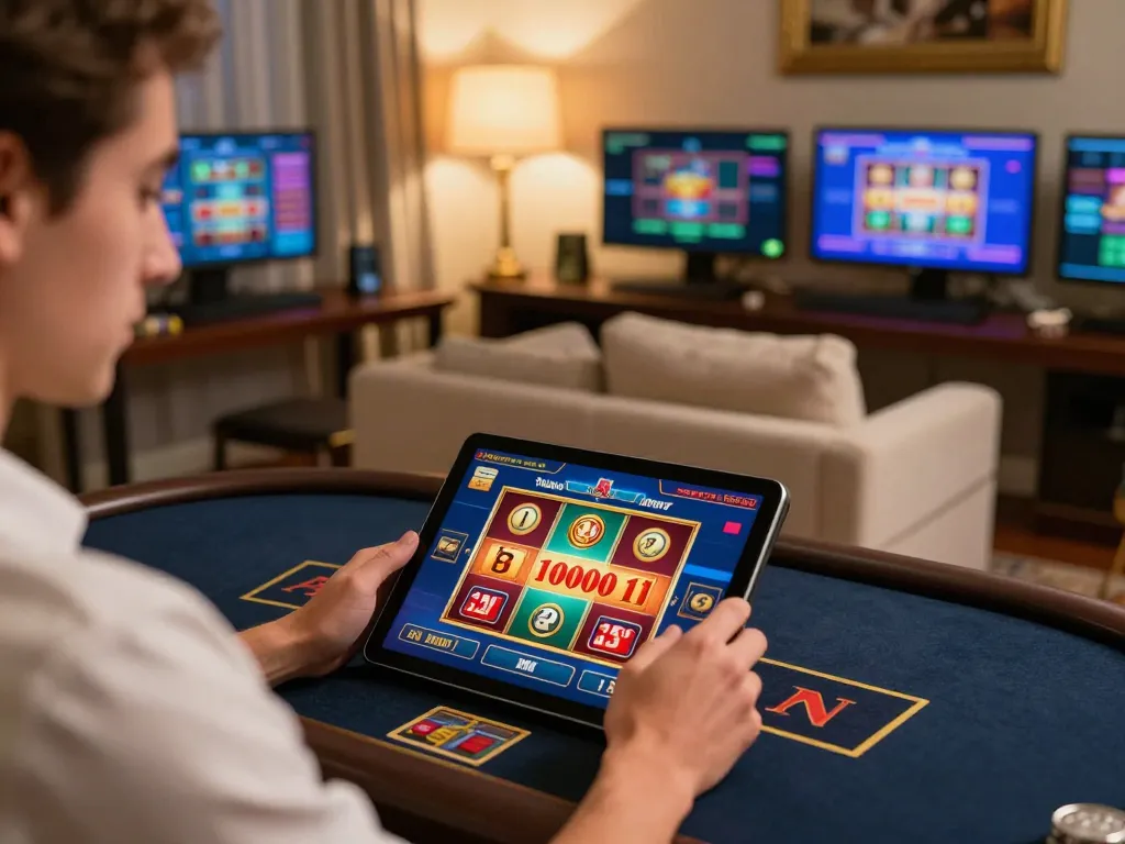 Engaging in a slot deposit 10000 at an online casino with vibrant graphics and inviting atmosphere.