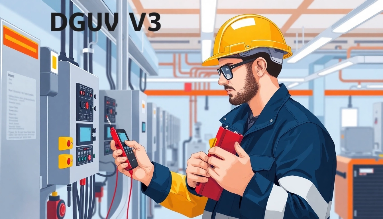 Technician conducting DGUV V3 Prüfung on electrical devices in a workplace safety setting