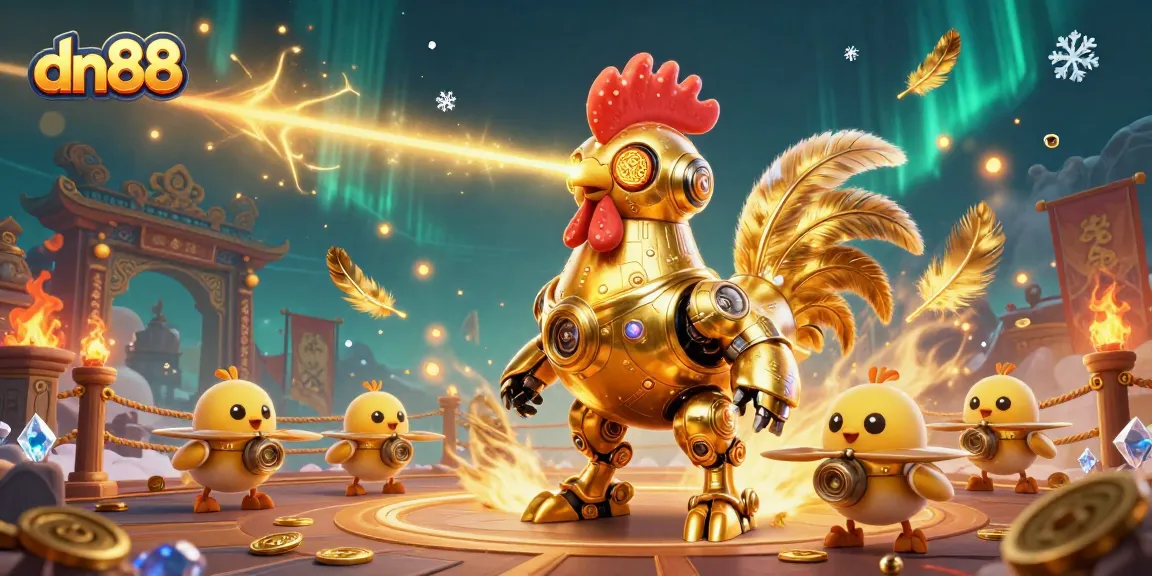 Engage with dn88's thrilling environment featuring a golden rooster robot and baby chick drones in a dynamic gambling arena.