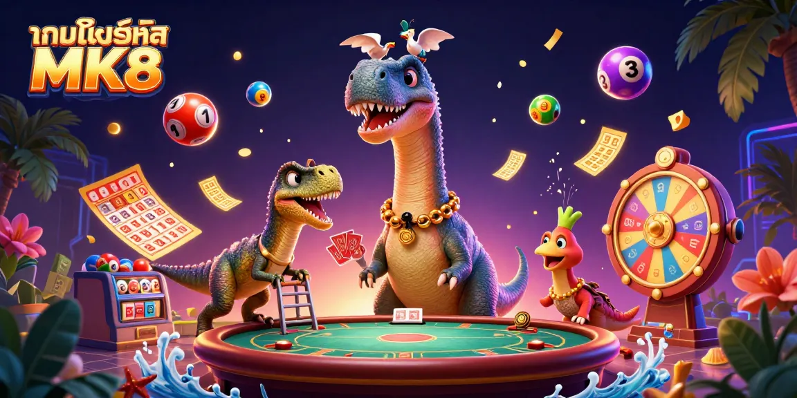 Engage with the thrilling world of เกมพอร์ทัล MK8 featuring a vibrant casino scene with dynamic lottery balls and cartoon characters.