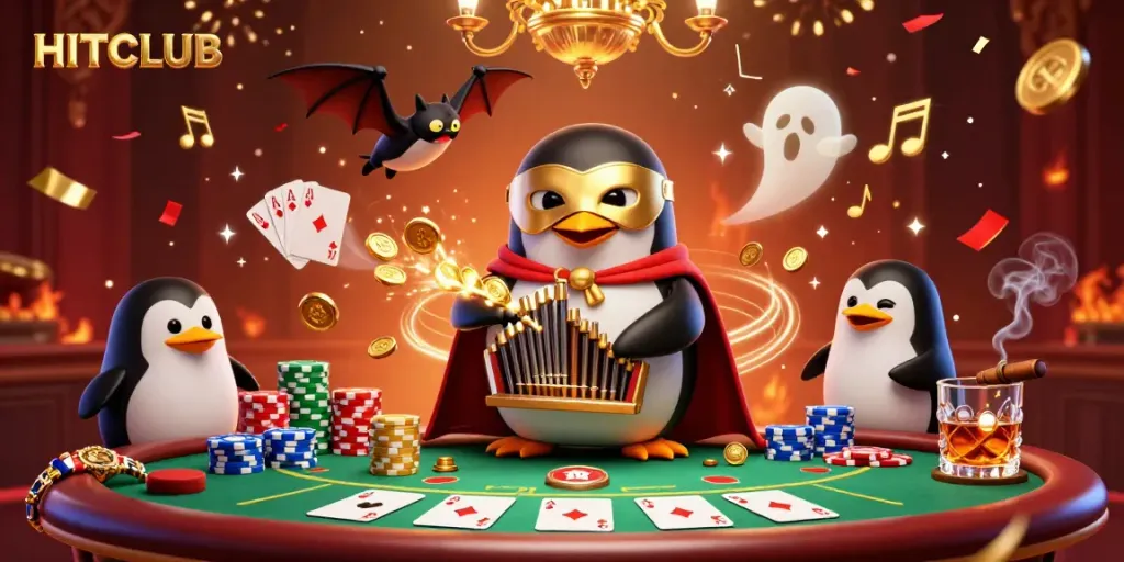 Experience the vibrant HITCLUB scene with a penguin playing the organ, surrounded by casino elements.