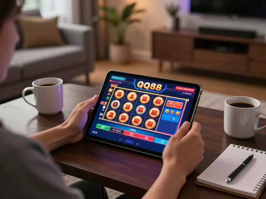 Playing QQ88 casino games on a tablet in a warm, inviting home setting.