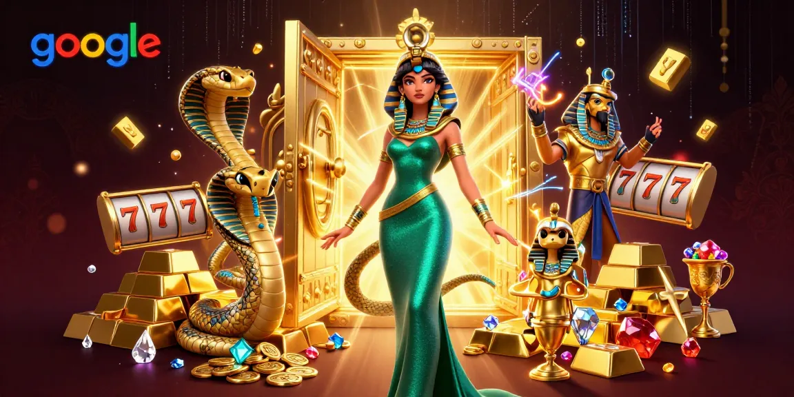 Engagieren Sie sich mit einer aufregenden Szene prunkvoller Casino-Elemente, die den Charme von Google zeigen, mit einer glamourösen Frau und ihrem goldenen Kobra-Begleiter.