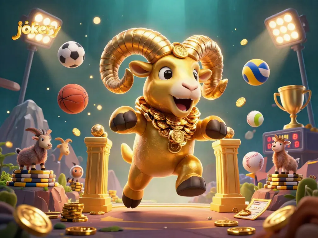 Engage in exciting gaming action at jokery, featuring a glorious golden ram amidst sports elements and dynamic visuals.
