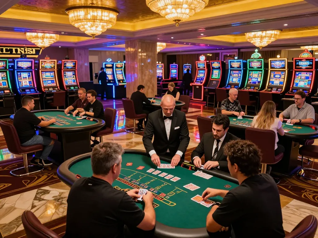 Players enjoying a thrilling blackjack game at a casino featuring vibrant lights and dynamic action in the scene.