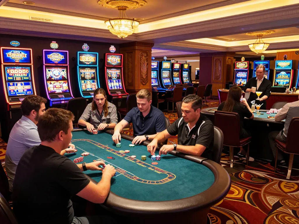 Players enjoying dynamic excitement at Hitclub casino, engaging at the vibrant poker table and slot machines.