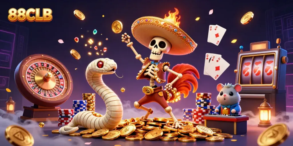 Celebrate victories at 88CLB with vibrant 3D gaming characters and elements.