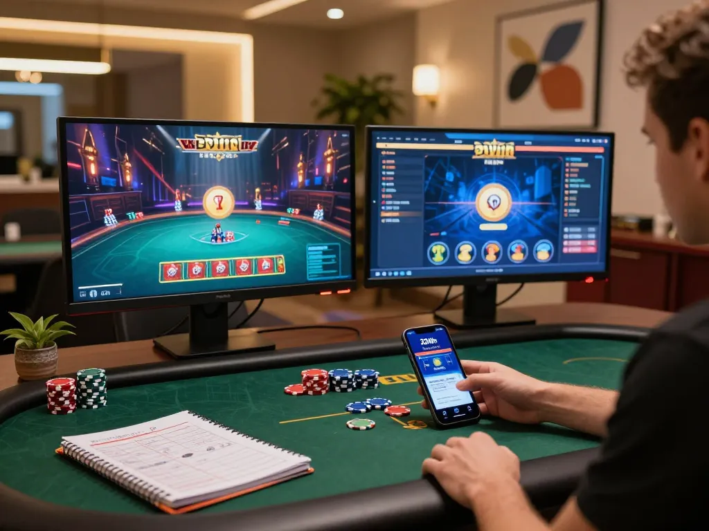 Engaging in a game strategy at 33Win luxury themed online casino setup with dual monitors.