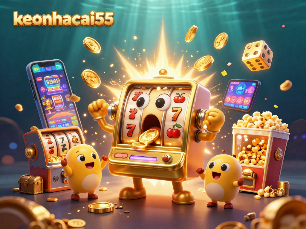 Experience the excitement of keonhacai55 as the lively slot machine celebrates its jackpot amidst a vibrant casino scene.