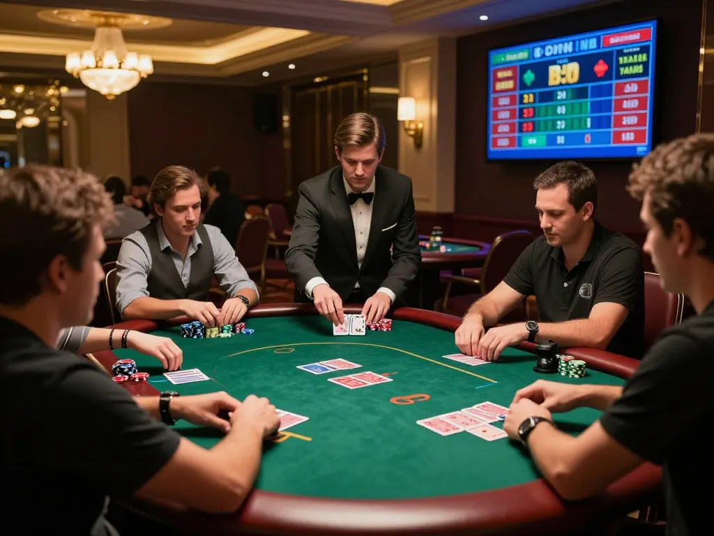 Players engage in intense poker gameplay at a high-stakes casino table, showcasing the thrill of nohu bets.