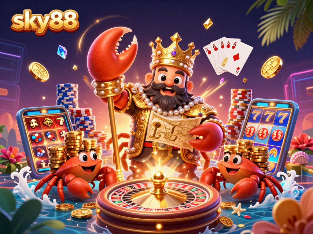 Embrace the sky88 gaming adventure, featuring a crab emperor and treasures amid cascading jewels and spinning roulette.