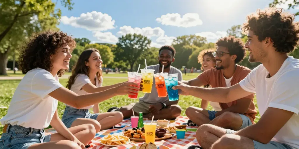 Friends enjoying ROKOK88 soda during a summer picnic at the park.