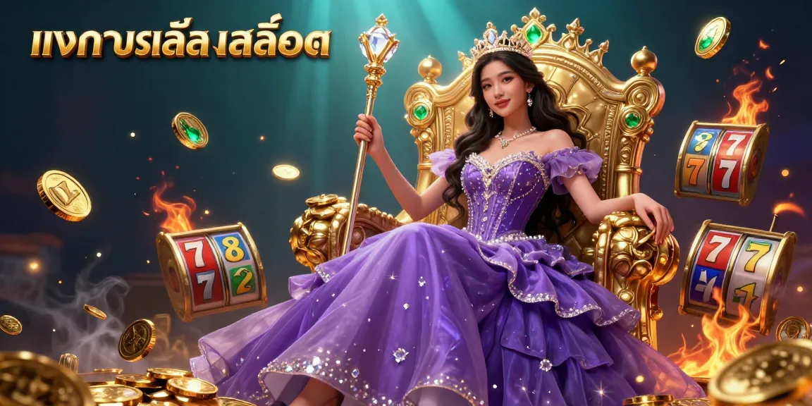 Engage with ทดลองเล่นสล็อต in this vibrant 3D casino scene featuring dynamic slot elements and a regal character.
