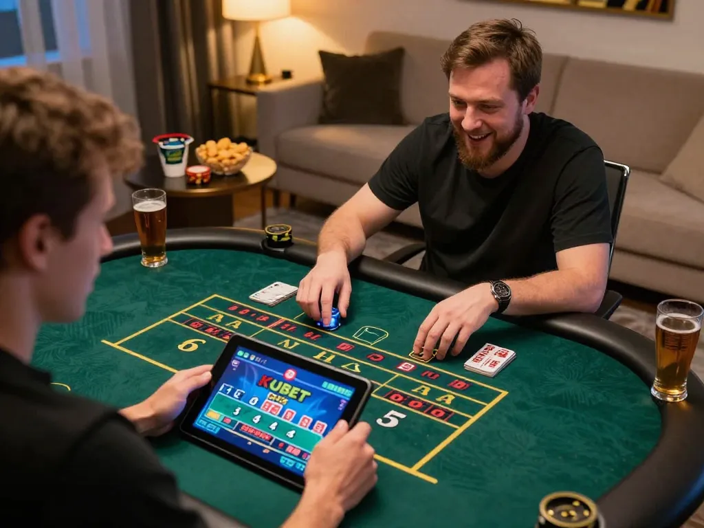 KUBET mobile gaming experience with a user enjoying a live dealer game on a tablet in a cozy home setting