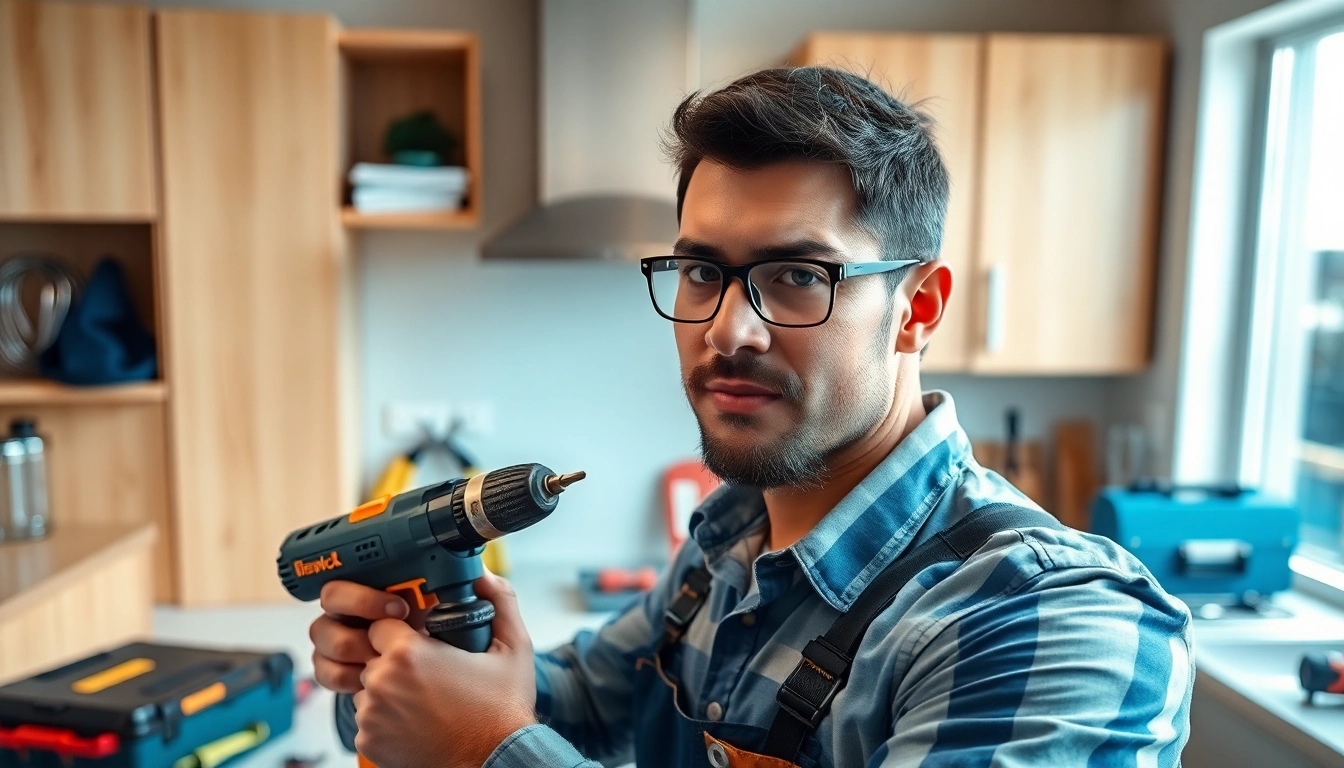 Handyman expertly repairing cabinets in a bright kitchen setting.