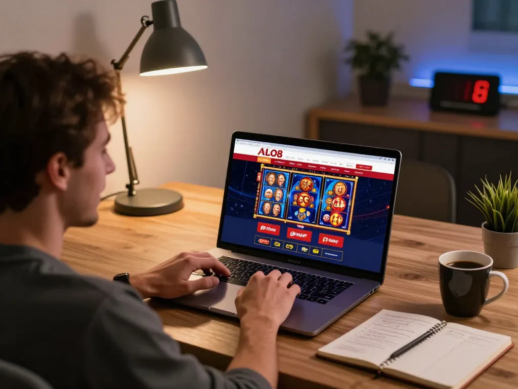 Player enjoying ALO8net gaming experience on laptop, showcasing online slots and poker excitement.