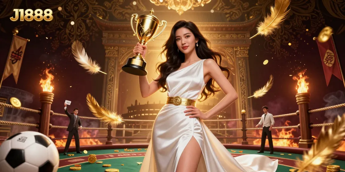 Win big with J1888 in a vibrant casino scene featuring a confident woman with a trophy, celebrating success.