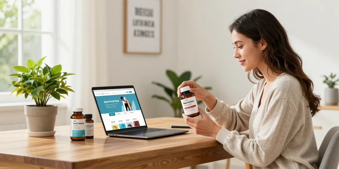 Junge Frau erkundet Gesundheitsprodukte im Medi Pharma Shop in einem gemütlichen Zuhause.
