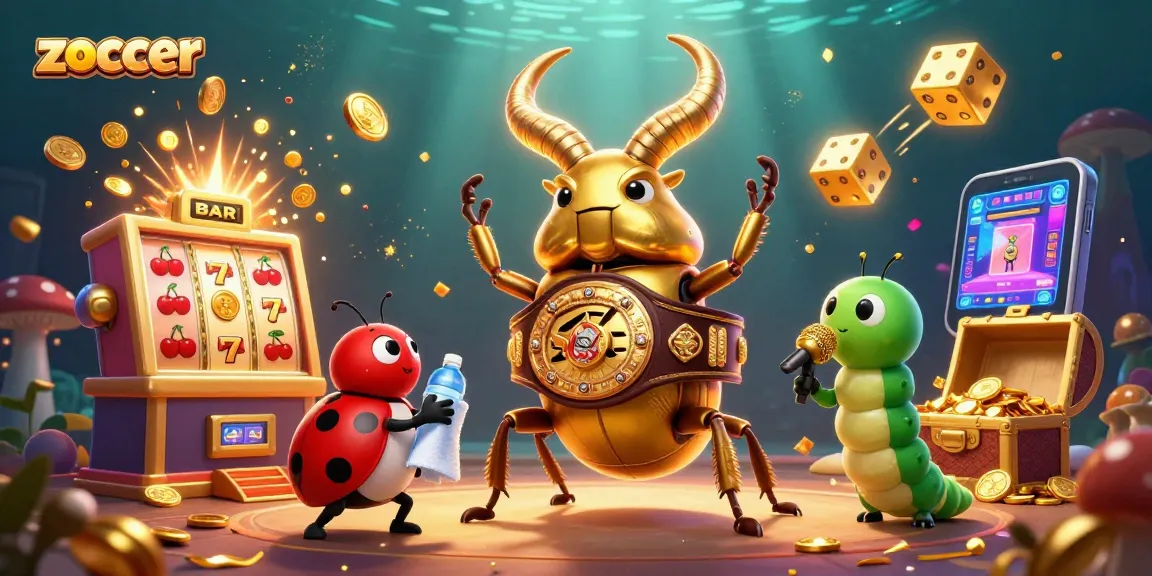 Zoccer showcases an epic casino scene with a golden stag beetle and vibrant slot machine elements.