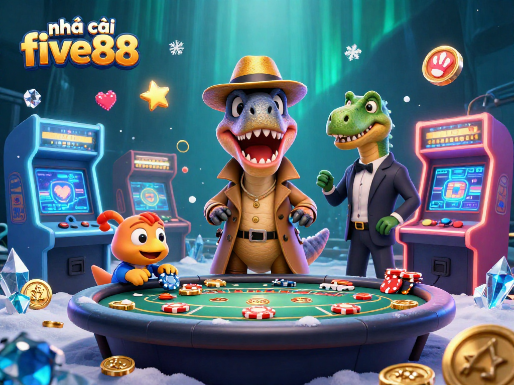 Play at nhà cái five88 with fun characters enjoying high-stakes games at a casino table.