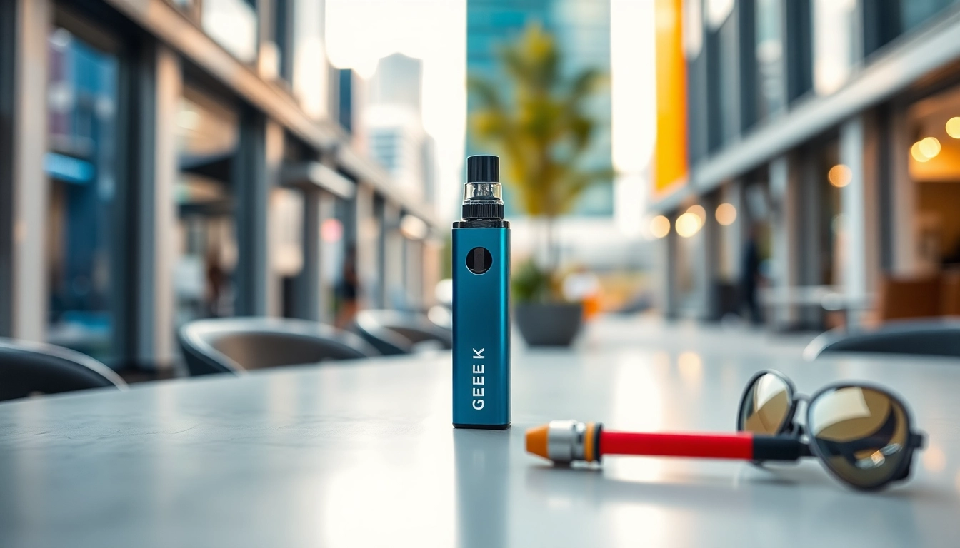 Showcase the GEEK THC disposable vape device against a vibrant urban backdrop.