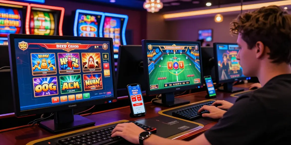 Spieler im Beef Casino genießen Online-Spiele auf moderner Plattform, umgeben von bunten Grafiken und Bonus Angeboten.