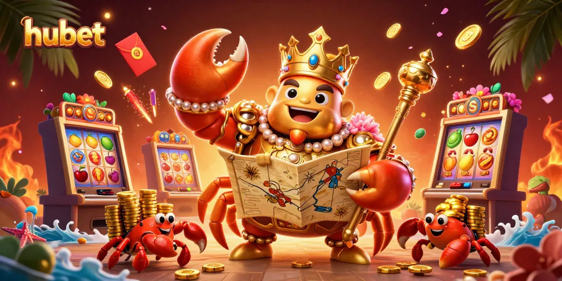 Experience the excitement of hubet with a 3D golden crab emperor surrounded by vibrant slot game elements.