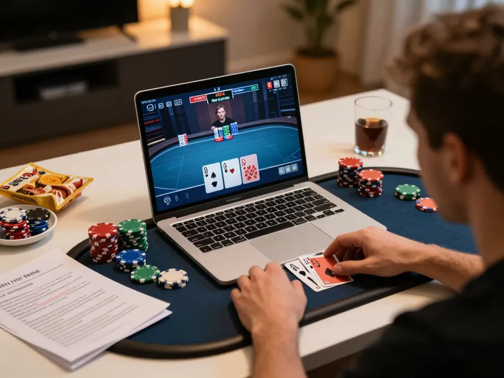 sunwin player engaged in online poker game with strategy notes and snacks at home