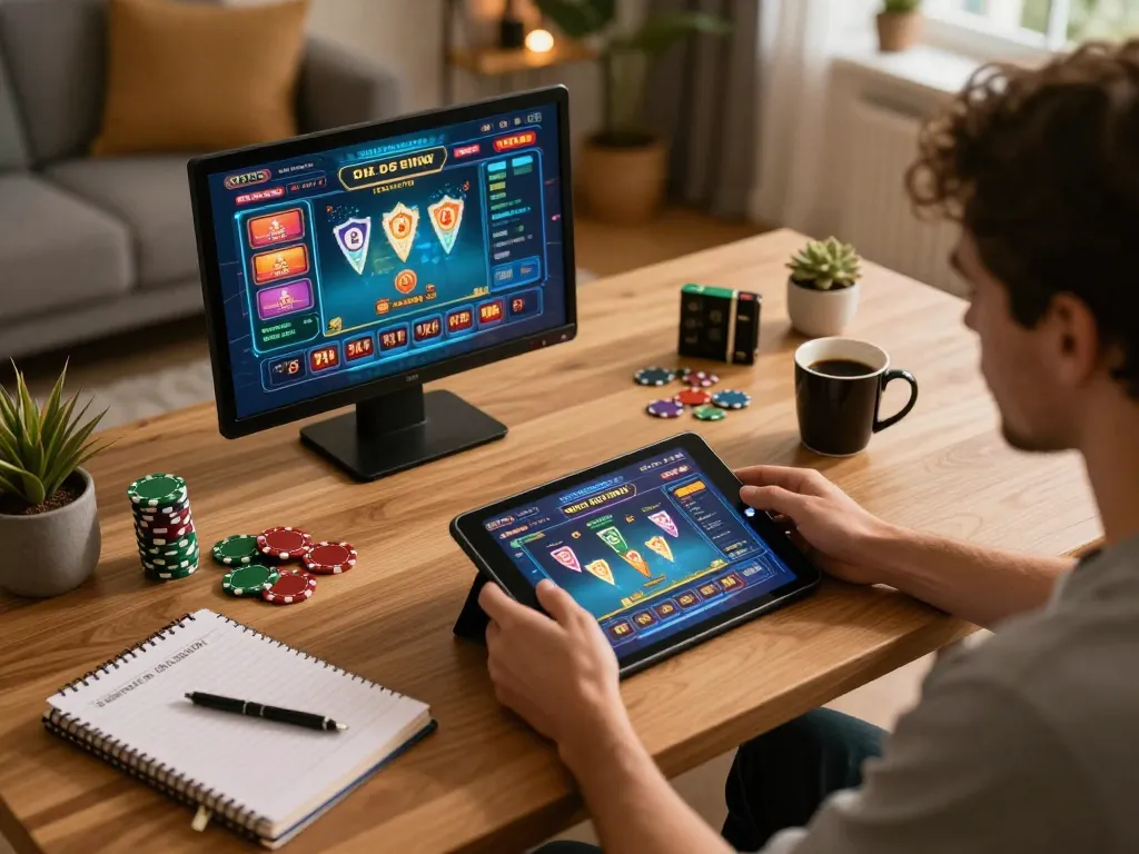 Engaging in online gaming at https://xi88.global/, showcasing a user on a tablet with gambling strategies.