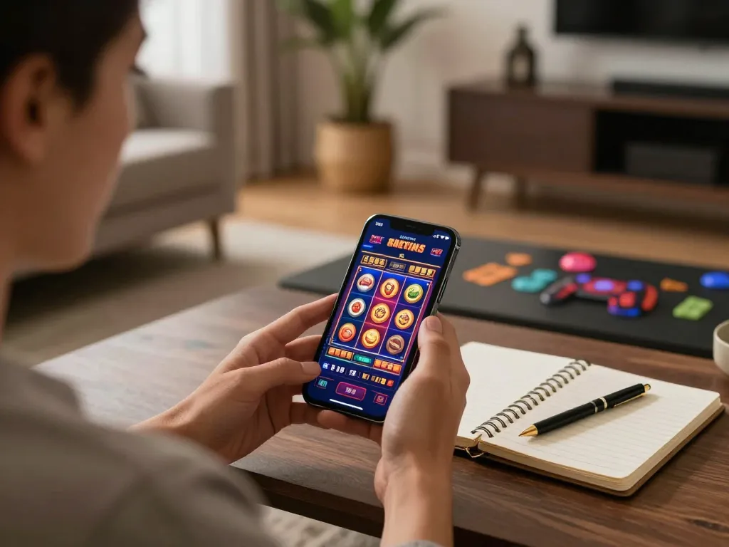 Engaging in mobile gaming at hubet, showcasing vibrant slots interface in a cozy living room.