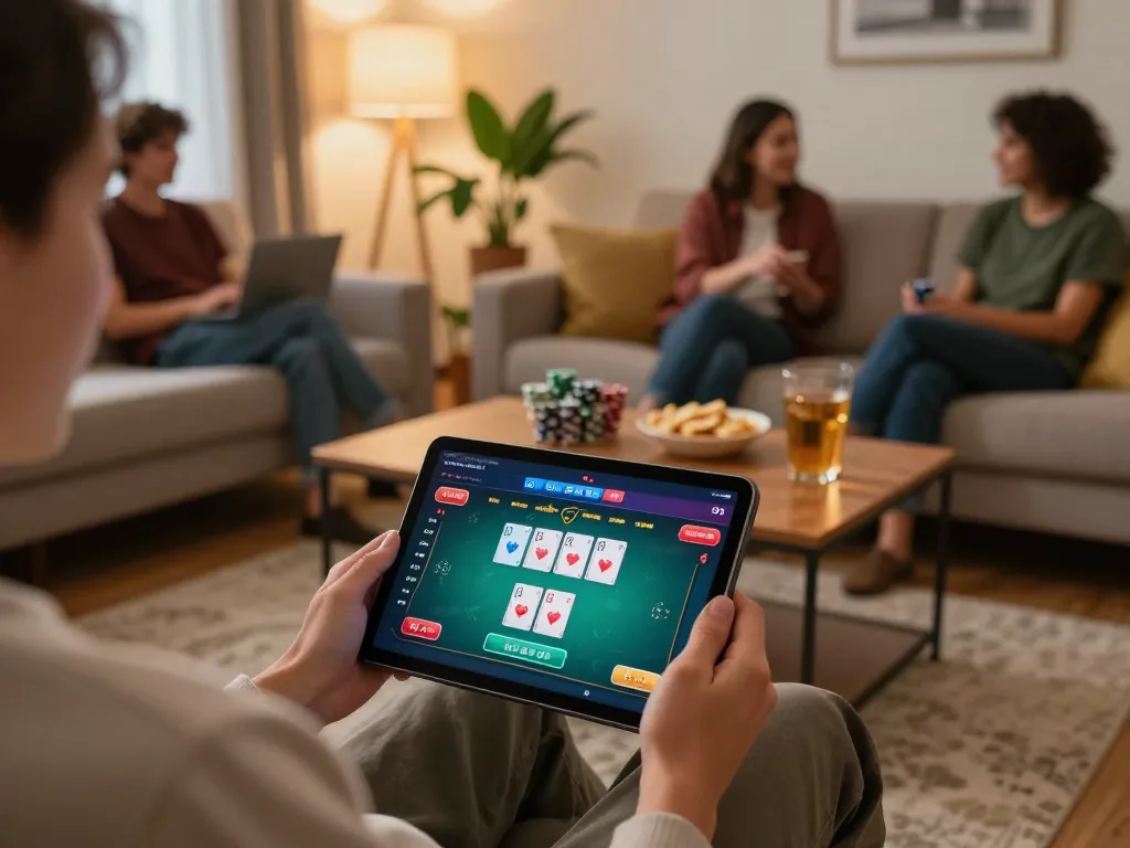 Engaging online casino gameplay at home, showcasing 98win9 poker interface for a lively gaming experience