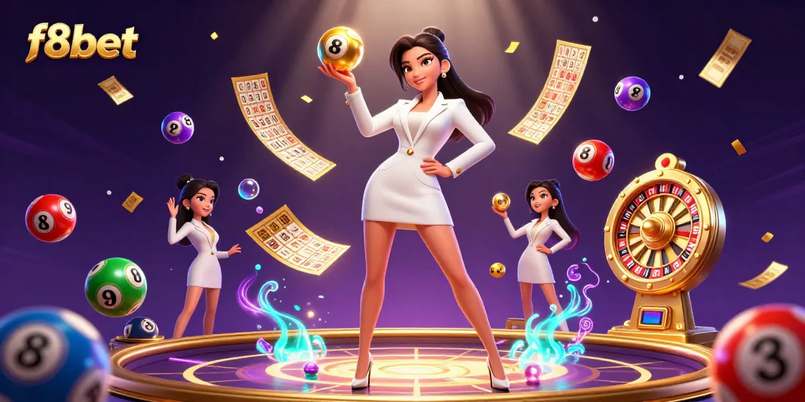 Experience the excitement of f8bet with a vibrant 3D casino scene featuring a glamorous winner holding a roulette ball.