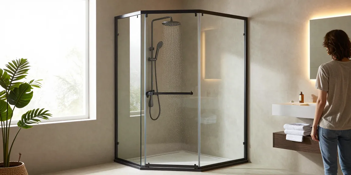 Moderne hoekdouchecabine 90x90 met een stijlvolle uitstraling en ruime toegang.