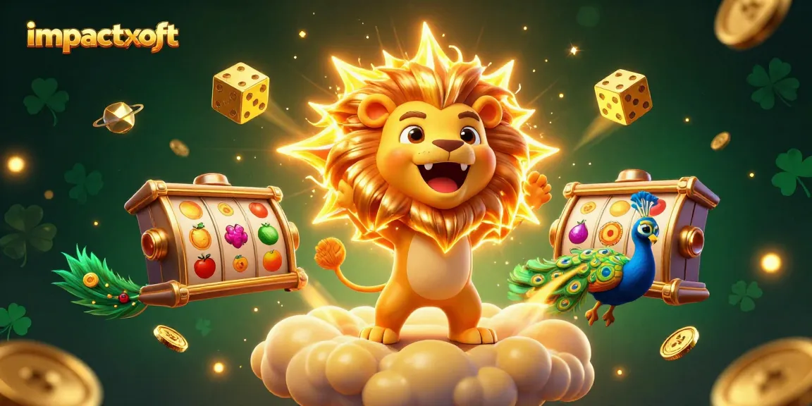 Engage with exciting gameplay at impactxoft, featuring a triad of vibrant game elements and a sun lion mascot.