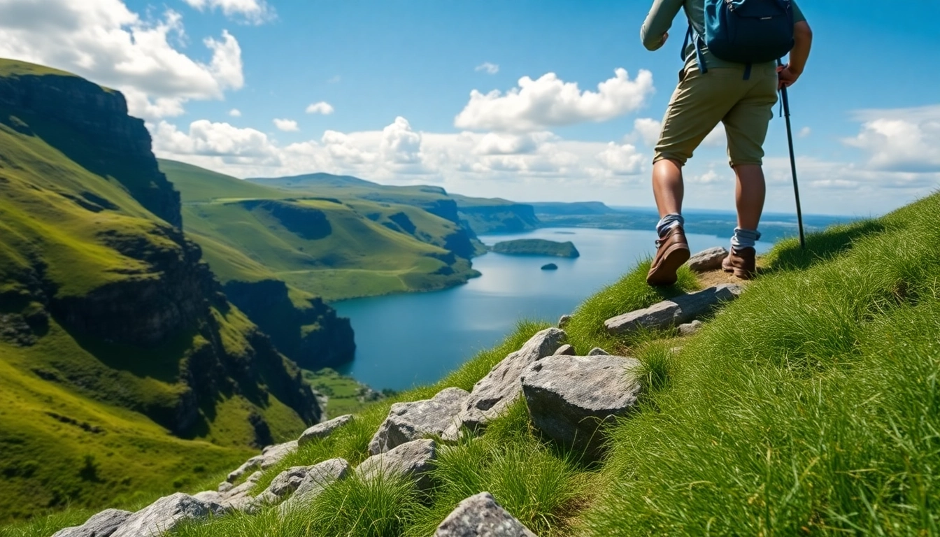 Irland wandern: Ein Wanderer erkundet die atemberaubende Landschaft Irlands mit grünem Hintergrund.