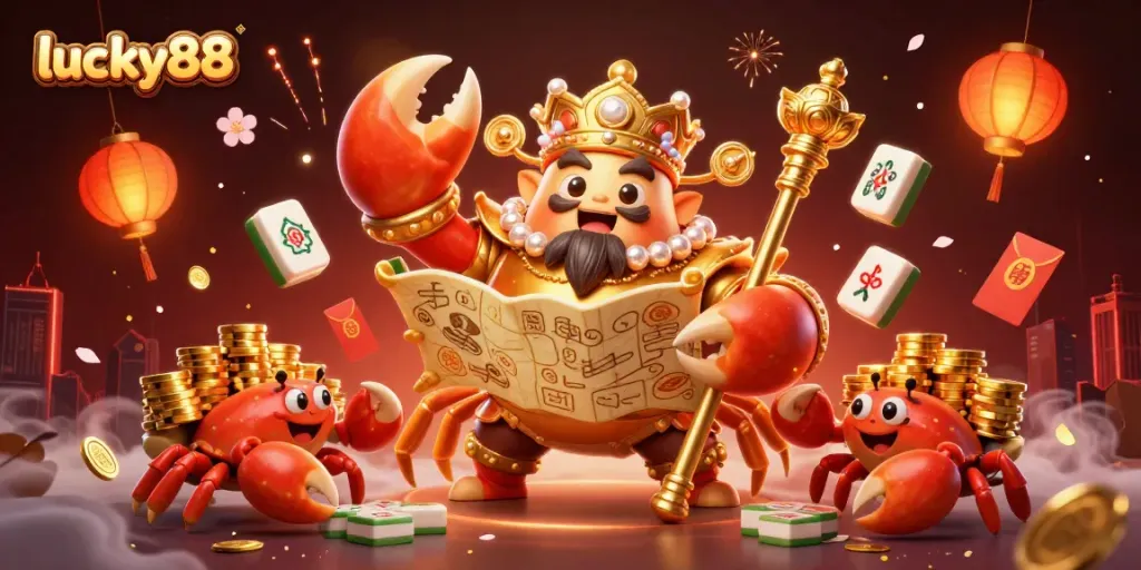 Engage with lucky88's dynamic carnival atmosphere featuring a golden crab emperor and vibrant symbols.