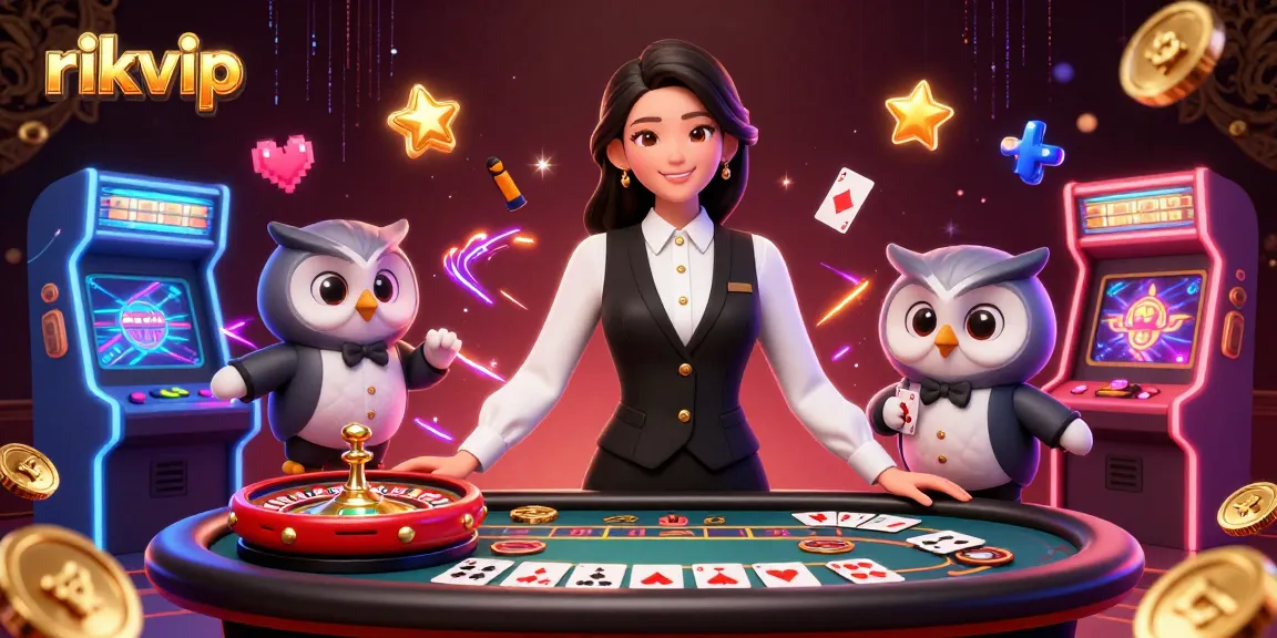 Engage with rikvip in a vibrant casino scene featuring a dealer and owl assistant.