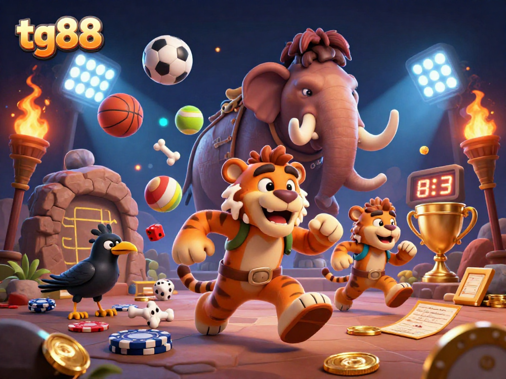 tg88 casino adventure with a caveman and sabertooth tiger, showcasing exciting sports betting